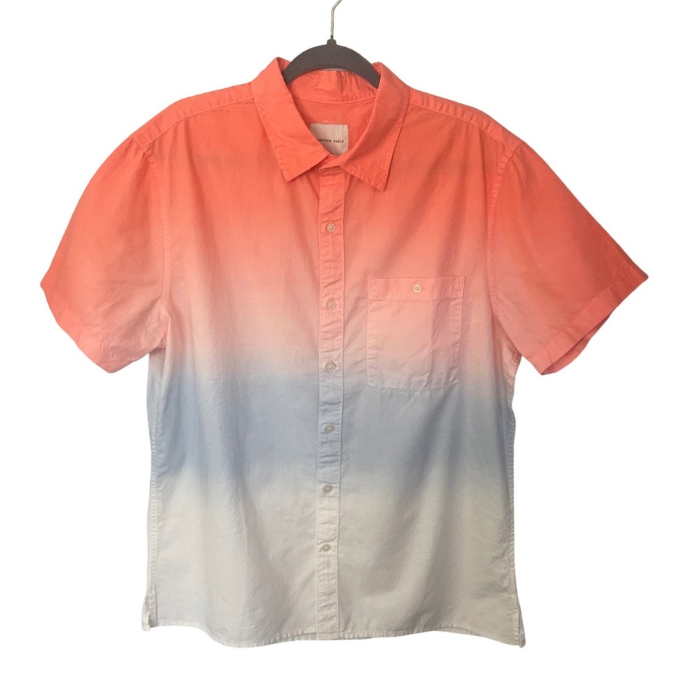 American Eagle Mens Large Ombre Dip Dye Short Sleeve Button Up Shirt Coral Blue